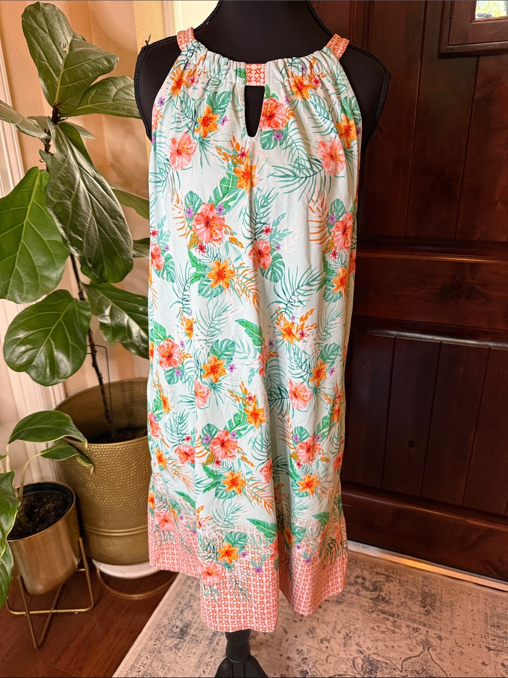 Cabana Life Mint Floral Halter Dress with Coral and Yellow Blooms Size XL